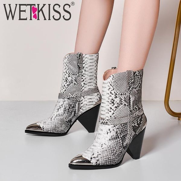 

boots wetkiss snake skin cow leather women ankle boot pointed toe metal shoes female spike heels high ladies spring 2021, Black