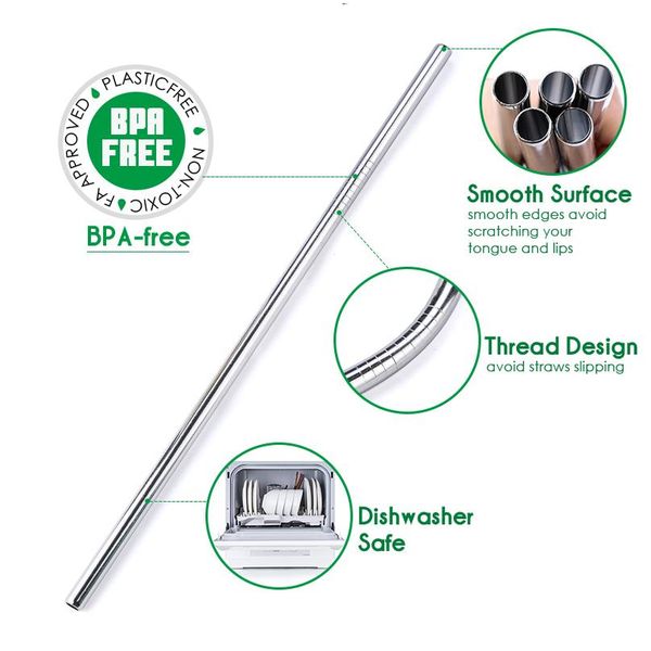 

100 pcs environmentally friendly 304 stainless steel straws 6mm*215mm straight curved straws party bar a sqchou