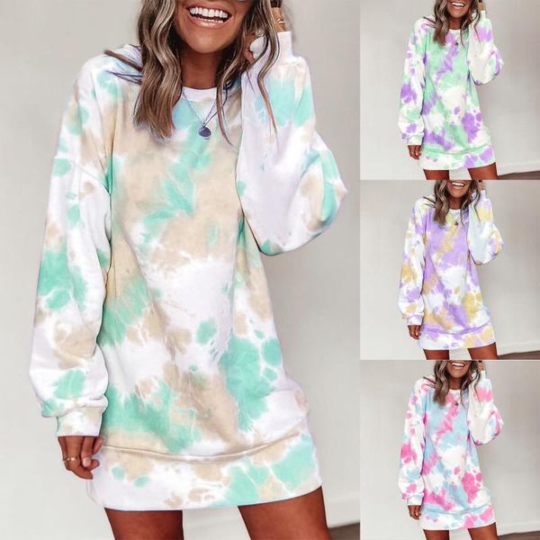 

casual dresses womens tie-dye sweatshirt dress loose round neck long sleeve bag hip lady 4 color kawaii hoodie for teen, Black;gray