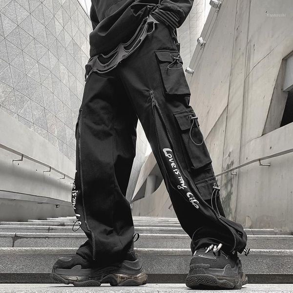 

pocket track pants male trousers sweatpants streetwear ribbons casual pants1, Black