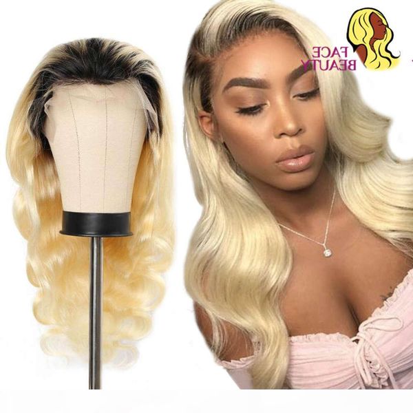 

facebeauty long 150% density remy brazillian body wave front 1b 613 ombre blonde colored preplucked lace wig human hair, Black;brown