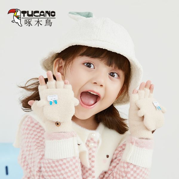 

children's girls' winter plush warm and cold wind proof lovely flip little girl baby knitted half finger gloves