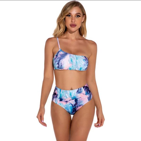 

2021 new women two piece swimsuits tie dye backless one shoulder halter swimwear women summer beachwear, White;black