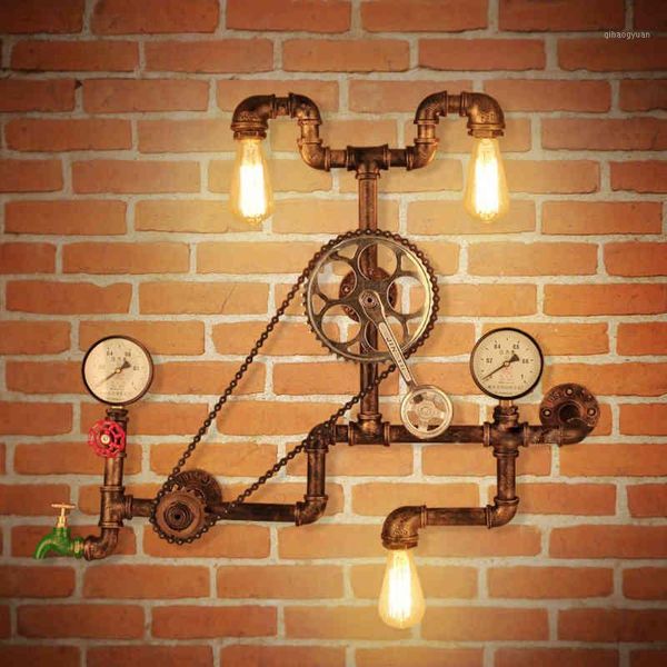 

vintage retro wrought iron wall lamp fixture wheel water pipe lights loft industrial american style creative bar cafe home decor1