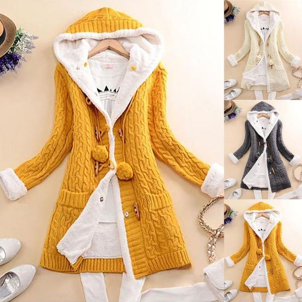 

lady winter hooded fleece liner cashmere cardigan knitted sweater coat women thick warm long sleeve knit weave long jacket, Black;brown
