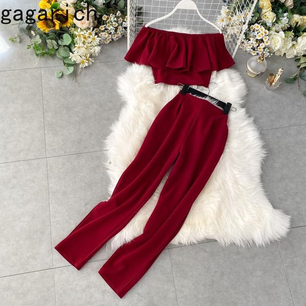 

gagarich women elegant two piece set short ruffled shoulder female high-waisted ankle-length pants office lady wear1, White