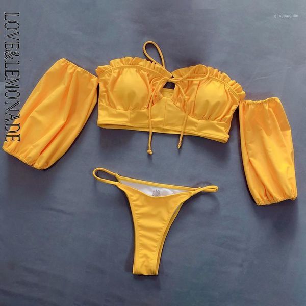 

love & lemonade yellow tube lace up bubble sleeve bikini swimsuit lmsw301, White;black