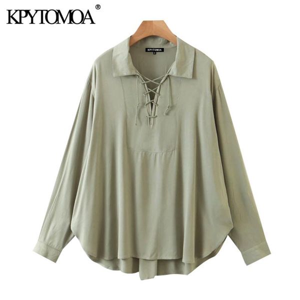 

kpytomoa women 2020 fashion crossover cord detail oversized blouses vintage long sleeve side vents female shirts chic, White