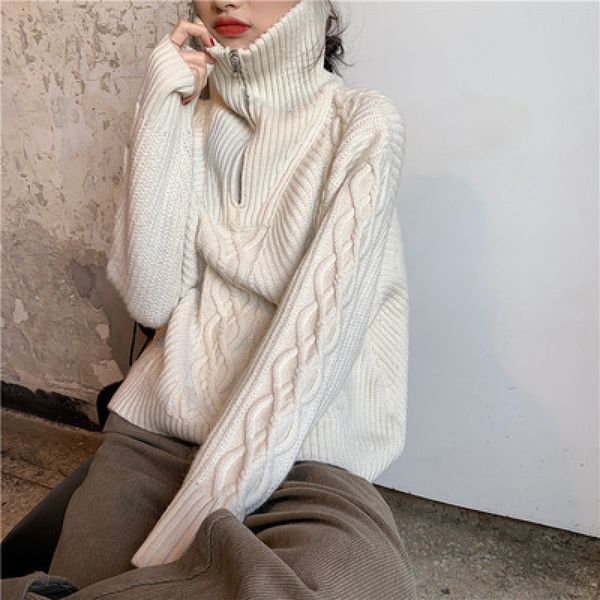 

yamdi chic stand collar zipper up women sweaters 2020 new autumn winter loose twist striped long sleeve female knitted pullovers lj201125, White;black