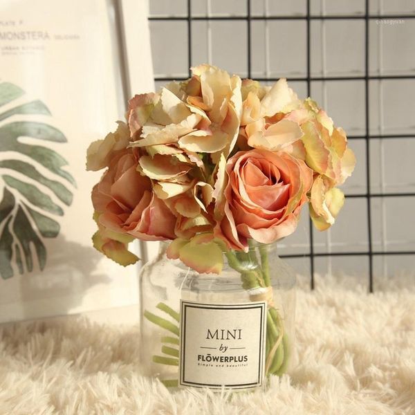 

wedding bride bouquet hand flower artificial rose bouquet silk hydrangea hybrid flowers party home christmas decor flower 3pcs1