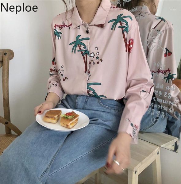 

neploe japanese print long sleeve women blouse 2020 spring summer long sleeve shirt single breasted turn down collar blusa 592041, White