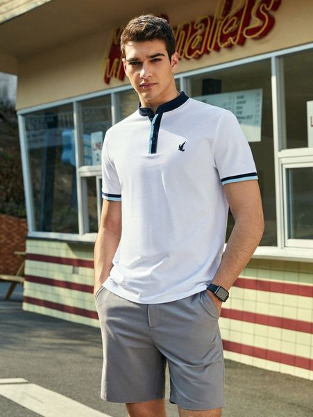 

men contrast trim bird embroidered polo shirt 464i#, White;black
