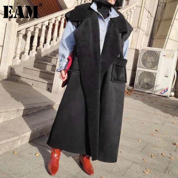 

eam] women black big size imitation fur loose fit extra-long vest new lapel sleeveless fashion tide autumn winter 2021 1dd1141, Black;white