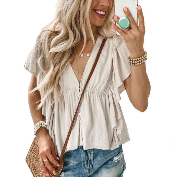 

new v-neck trendy ins lotus sleeve short open neck t-shirt style, Black;gray