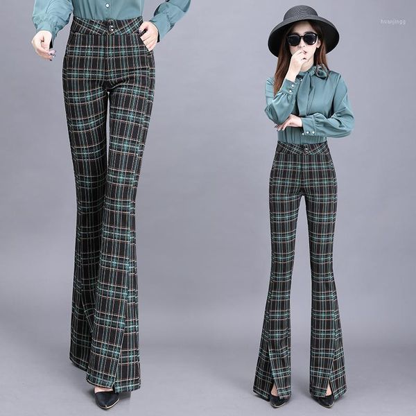 

autumn winter office lady flared pants women split plaid pants women high waist trousers for cargo1, Black;white