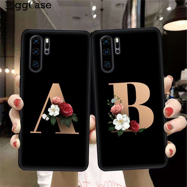 

rfbghuawei customized silicone mobile phone case with letters, huawei p10, p20, p30 lite pro black flowered casezasw