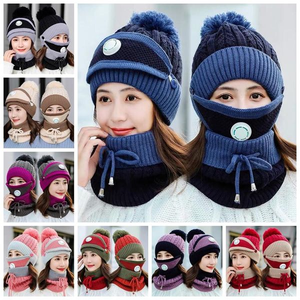 

knitted hats masks scarf set beanies with valve maks scarf winter wool pompon casual hat sets party hats neckerchiefs supplies