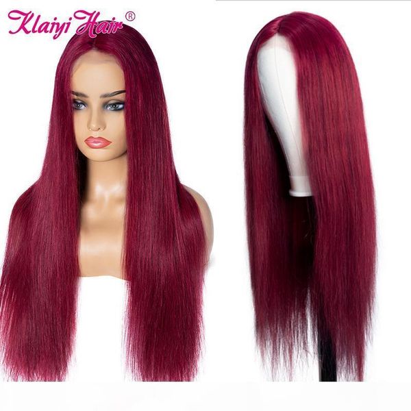 

klaiyi hair 4x4 fake scalp straight hair wig 150% density brazilian burgundy lace wig for women pre plucked, Black;brown