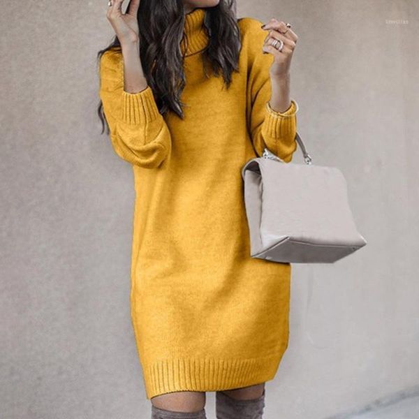 

chic women solid color turtleneck long sleeve casual loose knitted sweater dress casual warm autumn women's sweater1, White;black
