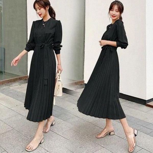 

jxmyy long-sleeved pleated dress 2020new slim waist waist slimming han fan celebrity temperament pleated skirt #lx0q, Black;gray