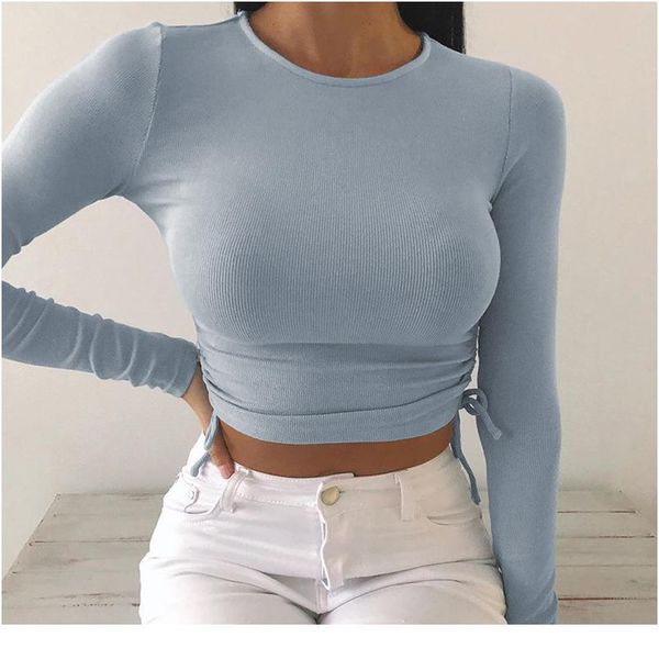 

nadafair o neck women crop long sleeve double drawstring ribbed knit t shirt 2020 autumn pure tee lady sqcljo, White