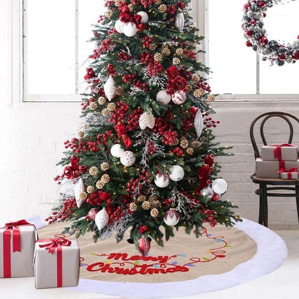 

cilected 120cm christmas tree skirt embroidery lantern alphabet burlap christmas tree apron carpet decoration mat1