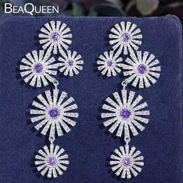 

beaqueen fancy purple crystal zirconia daisy flower long dangle drop earring cz women jewelry for wedding dress accessories e405, Silver