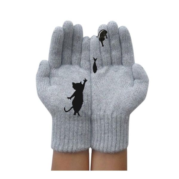 

top selling in 2020 Ladies Woolen Gloves Autumn And Winter Outdoor Warm Cat Printing Gloves Support Wholesale and Dropshipping, Blue;gray