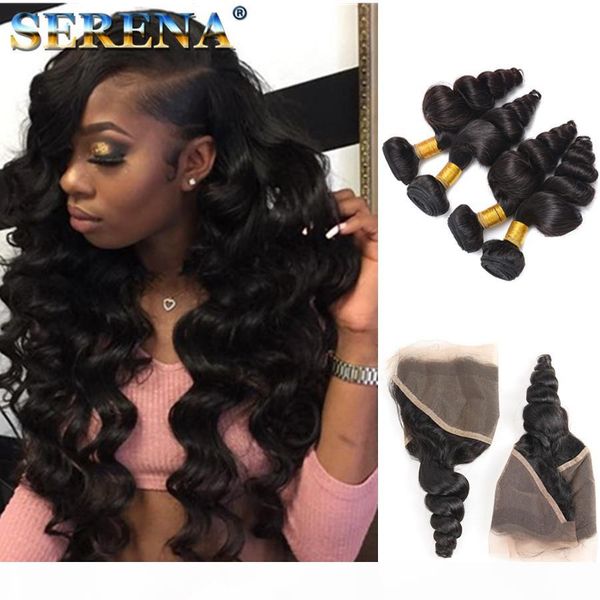 

8a malaysian loose wave with frontal ear to ear closure with bundles baby hair human hair weave lace frontals and bundle deals, Black;brown