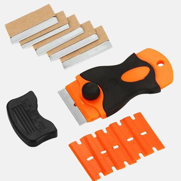 

razor scraper edged sticker removal tool with 5pc metal blade+5pc plastic blade 110 x 45mm non-slip silicone handle1