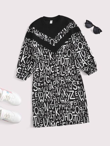 

girls chevron and letter graphic dress she, Red;yellow