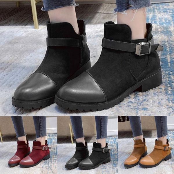 

fashion women boots plus size ladies autumn winter casual retro square heel buckle strap solid short booties round toe shoes, Black