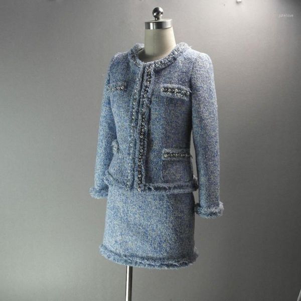 

italian elegant ladies office pearls beading tweed two piece sets tassels twill jacket coats wrap mini skirts suit women outfits1, White