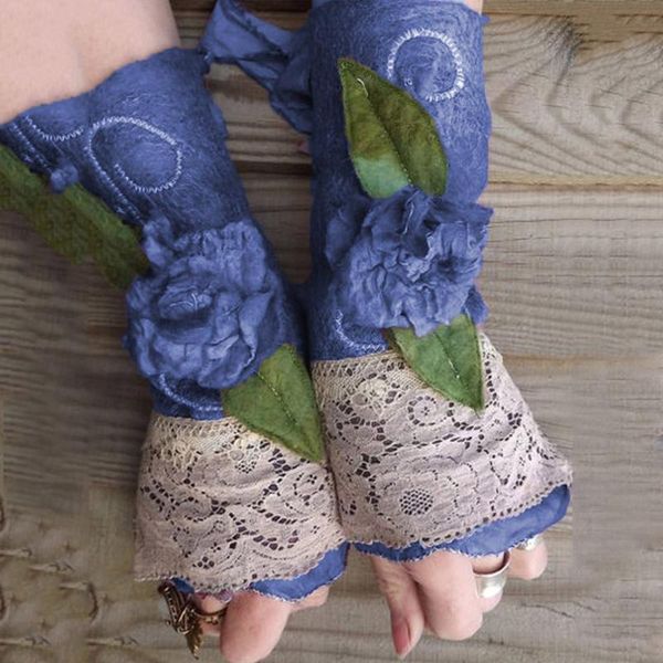 

five fingers gloves fashion women' warm fingerless lace floral for women evening party ladies guantes moto, Blue;gray