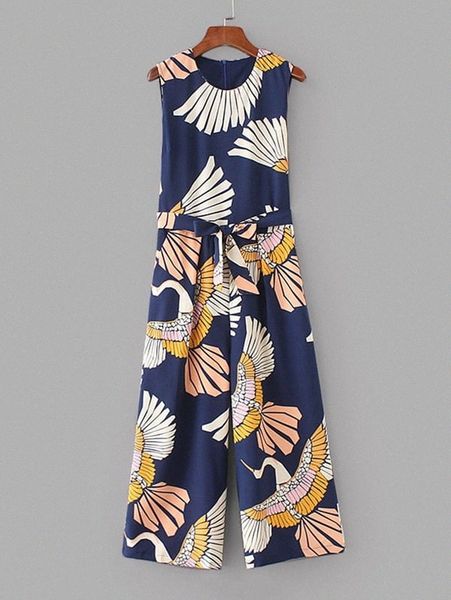 

cranes print belted wide leg jumpsuit l4t9#, White
