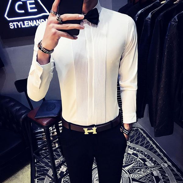 

men's dress shirts men long sleeve 2021 tuxedo slim fit business casual shirt male fashion solid party chest fold design blouses, White;black