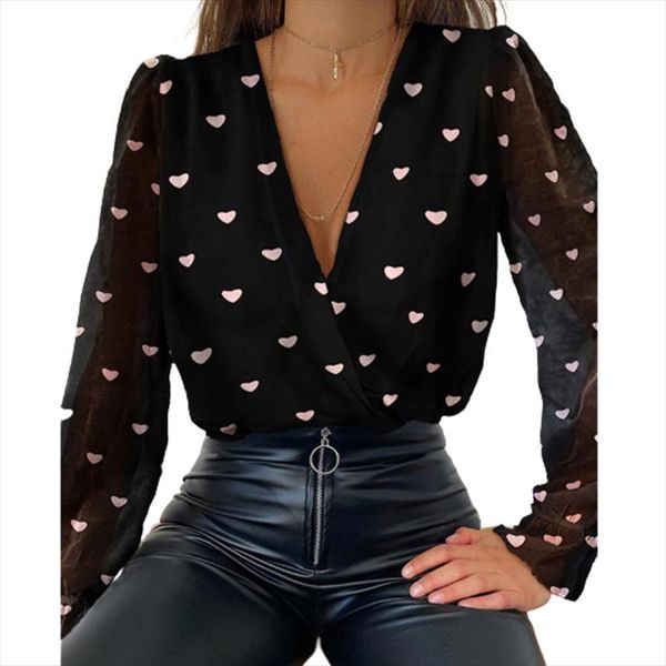 

deep v neck heart print women clothing autumn long sleeve blouse shirt office ladies casual slim boho korean sj6921e, White