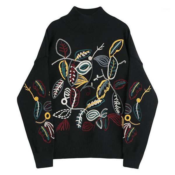 

2020 autumn new fashion embroidered full loose turtleneck straight sweater women1, White;black