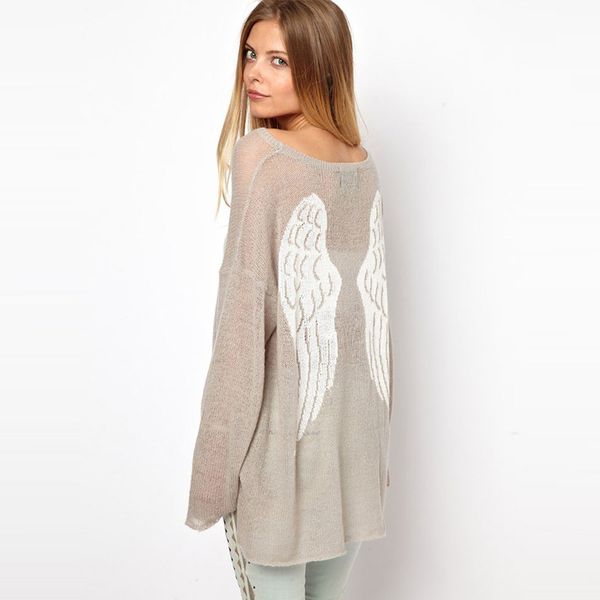 

classic women's european-style clothing spreads angel wings pullovers sweater mesh big-size e02k, White;black