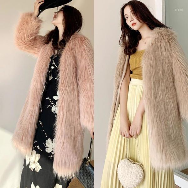 

2021 newwomen long faux fur coat female v-neck casual hairy furry fake fur overcoat overcoat loose fluffy outwear r631, Black