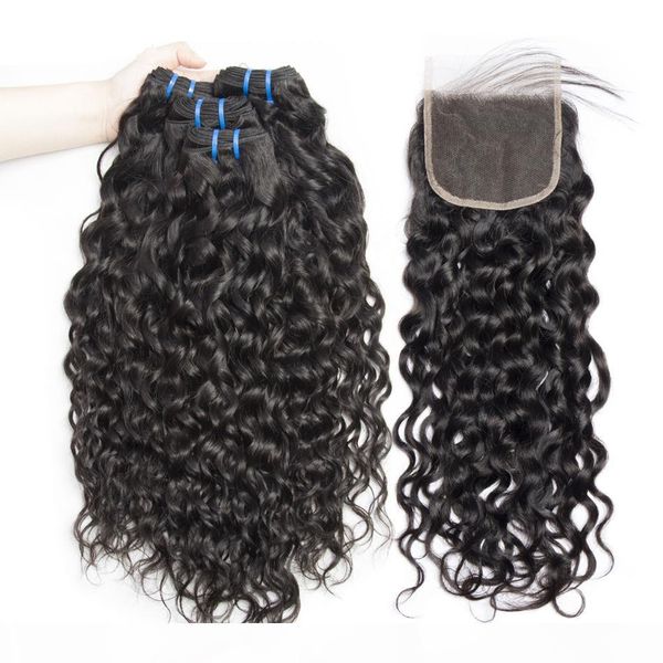 

new natural wave human hair weaves extensions 3 bundles with closure middle 3 part double weft dyeable bleachable 100g pc, Black