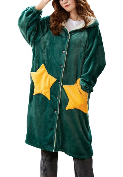 

women hoodie dressing gowns stars oversized fleece nightgown girls teens pockets loungewear sleepwear robes long sleeve cardigan blanket, Black;red