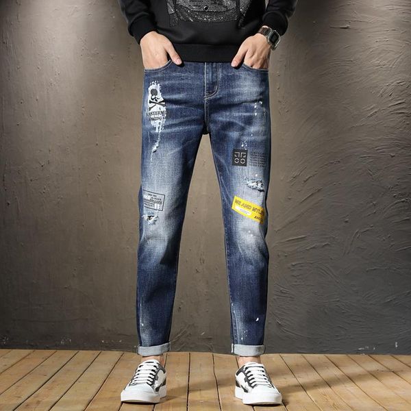 

124-1215 горячий стиль новые разорванные джинсы, тонкие джинсы для мужчин, узкие джинсы для студентов и нищих, Blue