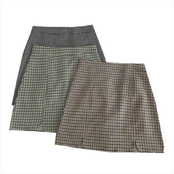 

women plaid side slit mini skirt high waist a line package hip ladies skirts casual basic plaid skirt spring summer lady skirts, Black