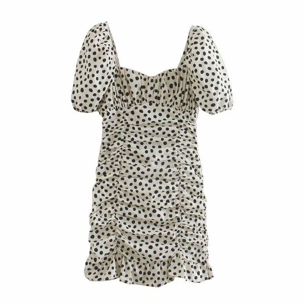 

summer print pleated bubble sleeve short dress, Black;gray