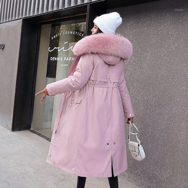 

long slim fur collar winter jacket women casual adjustable waist warm thicken hooded down parka coat female1, Black