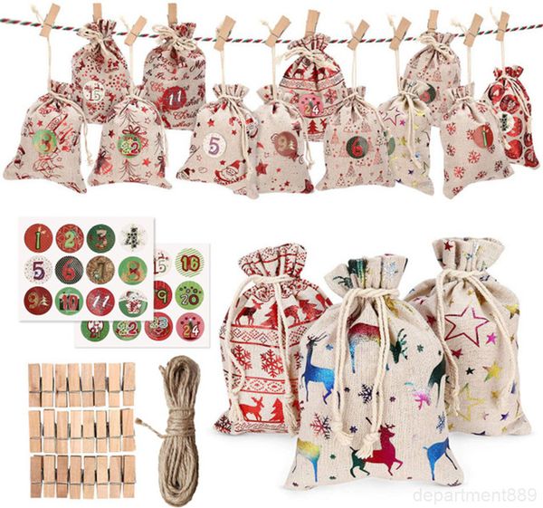 

24pcs/set christmas tree ornament gift organic canvas bag drawstring with reindeers santa claus sack bags for kids dhe1437