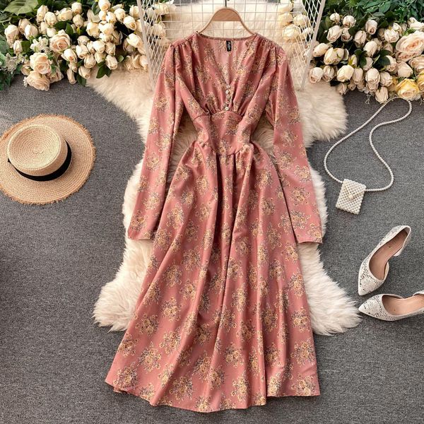 

2021 new vintage female floral impression long-sleeve the line autumn elastic ruched dressed in fono, Black;gray
