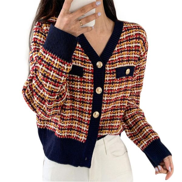 

women's knits & tees cardigan sweater 2021 fashion plaid v-neck tweed elegant ladies outwear korean coat #cc520, White