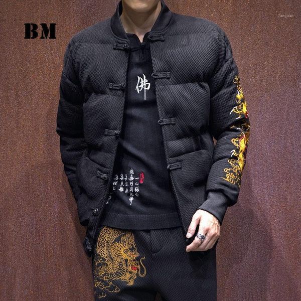 

winter fashion warm dragon embroidery parkas chinese style plus size cotton coat 2021 fashion harajuku tang suit men clothing1, Black